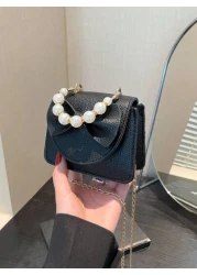 1 Piece Pu Magnet Closure Fashion Sweet Lychee Pattern Faux Pearl Bow Handbag Niche Design Highly Attractive Chain Mini Shoulder Crossbody Change Lipstick Bag Suitable For Teenagers Travel Shopping Pa