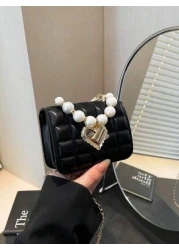 1pc Cute Sweet Messenger Bag Korean Style Fashion Coin Purse Solid Color Casual Pu Texture Small Square Bag Handbag Pearl Handle Chain Shoulder Strap Lock Buckle Fashion Chain Messenger Bag Fashion Pr