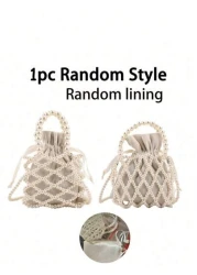 1pc Girls Plastic Nylon French Retro Beaded Bucket Pearled Handbag Suitable For Spring Summer Daily Use Crossbody Vertical Or Horizontal Random Inner Lining Random
