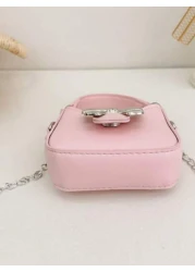 قطعة واحدة حقيبة يد صغيرة جديدة مزينة بفيونكة من مواد البولي يوريثان للبنات، مع حزام معدني قابل للتبديل للحمل