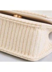 Straw Crossbody Bag Portable Faux Pearl Beaded Lace Bow Decor Handbag Ideal Gift Choice