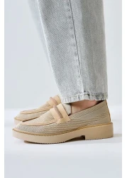 Limoya Micka Beige Knitted Patent Leather Detailed Stone Banded Women's Casual Shoes