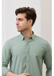 RAVANELLI Sarte - قميص رجالي كاكي بقصة ضيقة وأزرار وياقة من الكتان ومظهر قطني 100%