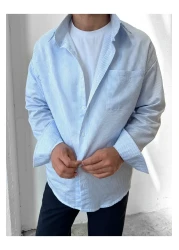 King Brothers قميص رجالي قطني مخطط باللون الأزرق بأكمام طويلة - مع جيوب