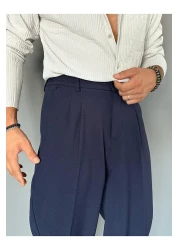 THEMANN Elastic Waist Pleated Navy Blue Baggy Fit Trousers