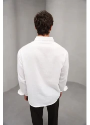 Bürke Summer Linen Textured Long Sleeve White Men's Shirt