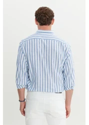 AC&Co / Altınyıldız Classics Men's Blue-White 100% Cotton Comfort Fit Relaxed Fit Buttoned Collar Striped Shirt