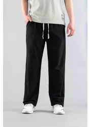 bombe بنطال رجالي أسود مريح بقصة ضيقة من الكتان بحزام من القماش الناعم