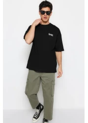  Collection تي شيرت قطني أسود كبير الحجم مطبوع عليه نص - TMNSS23TS00263