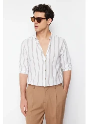  Collection Beige Slim Fit Buttoned Collar Thin Striped Shirt