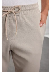  Collection Beige Regular Fit Knitted Stretchy Comfortable Tie Waist Elastic Double Leg Fabric Trousers Tmnaw25Pl00002