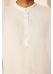  Collection Premium White 100% Linen - Prevailing Neckline Half Placket Shirt Tmnss24Go00057