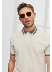 AC&Co / Altınyıldız Classics Men's Beige Slim Fit Slim Fit 100% Cotton Non-Curling Polo Collar T-Shirt