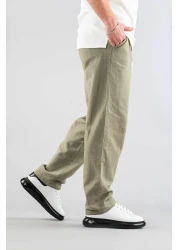 bombe بنطال رجالي كاكي مريح بقصة باغي من الكتان بحزام من القماش الناعم