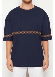  Collection Navy Blue Oversize Embroidered Cotton T-Shirt - TMNSS21TS1889