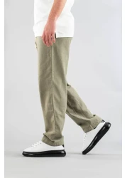 bombe Men's Khaki Linen Trousers Comfortable Fit Belted Drawstring Elastic Waist Linen Trousers