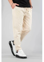 bombe Men's Jogger Linen Pants Elastic Waist Drawstring Cotton Casual Boyfriend Pants Beige