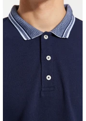  Collection Navy Blue Slim/Narrow Cut 100% Cotton Polo Neck T-Shirt Tmnss22Po00014