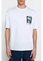  Collection White Oversize/Wide Cut Short Sleeve Landscape Printed 100% Cotton T-Shirt Tmnss23Ts00242