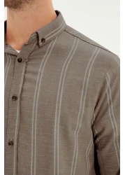  Collection Beige Slim Fit Button Collar Thin Striped Shirt Tmnss20Go0092