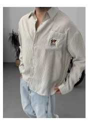 BYBASICMAN Beige Striped Pocket Embroidered Shirt G-5612/1