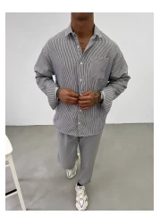 King Brothers قميص رجالي قطني مخطط باللون الأسود - جيب، كم طويل، مقاس فضفاض