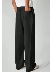 North London بنطال رجالي واسع الساق من مزيج الكتان مقاس كبير