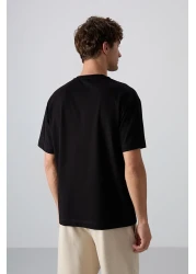 Tommy Life تي شيرت رجالي من القطن الأسود السميك الناعم المطبوع مقاس كبير - 88344