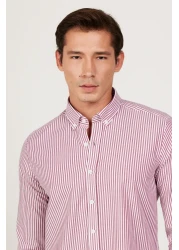 AC&Co / Altınyıldız Classics Men's White-burgundy Slim Fit Slim Fit Button Collar Cotton Striped Shirt