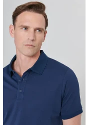 AC&Co / Altınyıldız Classics Men's Shrink-Resistant Cotton Fabric Slim Fit Narrow Cut Navy Blue Roll-Free Polo Collar T-Shirt
