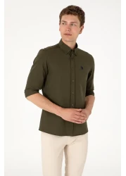 U.S. Polo Assn. قميص أساسي بأكمام طويلة كاكي داكن للرجال 50306338 -VR111