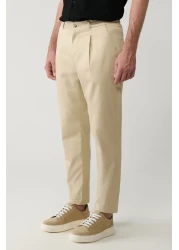 Avva Men's Beige Relaxed Fit Cotton Blend Classic Waist Trousers A41Y3037