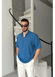 Livio Ferri قميص Soro رجالي كبير الحجم ذو مظهر كتان وأكمام قصيرة وياقة نصف فتحة