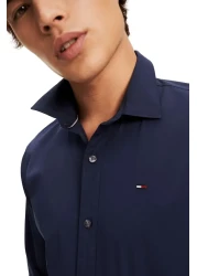 Tommy Hilfiger Men's Brand Logo Stretch Cotton Half-Lined Collar Stylish Looking Dark Blue Shirt Suitable for Daily Use