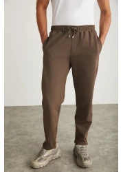 GRIMELANGE Walsh Men's Pique Look Special Fabric Flexible Double Leg Corded Beige Trousers with Elastic Waist