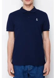  Collection Navy Blue Regular/Normal Cut 100% Cotton Embroidered Polo Neck T-Shirt Tmnss23Po00031