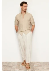  Collection قميص ذو مظهر كتان مريح ذو طية صدر السترة بقصة ضيقة TMNSS24GO00031