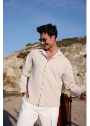 Pobudo Men's Beige Color Knitted Ottoman Fabric Long Sleeve Shirt