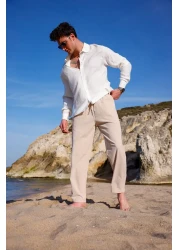 COMBİNE MİCHAİL بنطال من القطن والكتان مريح