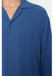 Collection Indigo Oversize Summer Linen Look Apache Collar Shirt - TMNSS23GO00053