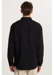 Tudors Oversize Seasonal Linen Textured Loose Fit Long Sleeve Comfortable Men's Black Shirt