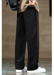 THE RULE بنطال جينز رجالي أسود فضفاض بخصر مطاطي من الليكرا وساق مستقيمة فضفاضة مناسبة من قماش الدنيم RF0480