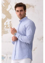 RAVANELLI Giza Men's Striped Slim Fit Shirt - Blue-White, Linen Look Cotton, Buttoned Collar