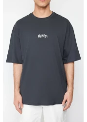  Collection Anthracite Fluffy Text Printed Oversize Cotton T-Shirt - TMNSS24TS00160