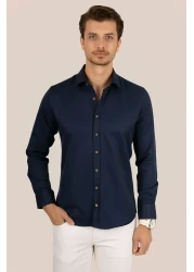 Etikmen قميص رجالي - أزرق داكن، Slimfit، أزرار بنية، صندوق هدايا