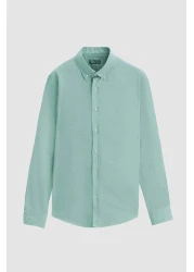 D'S Damat Slim Fit Green Dobby Buttoned Collar Cotton Shirt