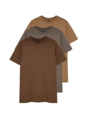  Collection Brown-Beige-Grey Slim/Narrow Cut Crew Neck Basic 100% Cotton 3 Pack T-Shirts Tmnss19Bo0007