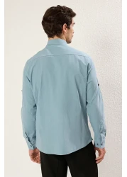  Collection Blue Slim Fit Cotton Shirt with Epaulettes - TMNSS20GO0189