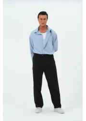 RELAXL بنطلون أسود فضفاض من القماش Şile مصنوع من القطن بنسبة 100% وواسع الساق ومطوي