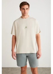 GRIMELANGE Denver Men's - Stone Color Oversize Crew Neck 100% Organic Cotton T-Shirt